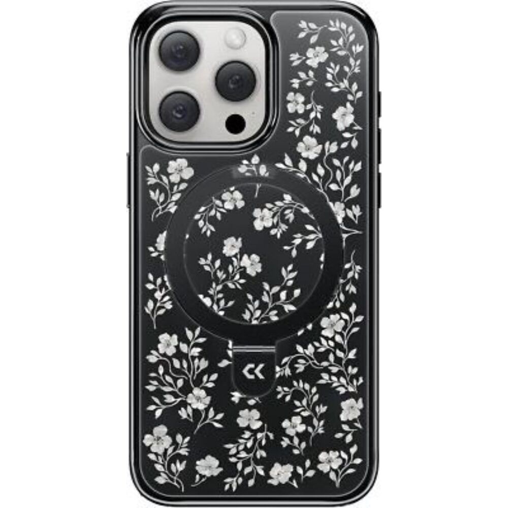 Vintage Flowers iPhone 15 Pro Case Magnetic Stand MagSafe Black